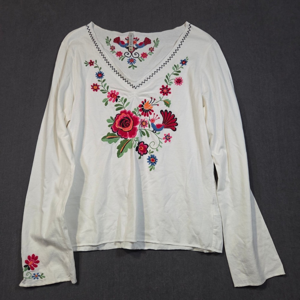 White Stag Embroidered Top Womens Medium White Floral Bird V-Neck Long Sleeve